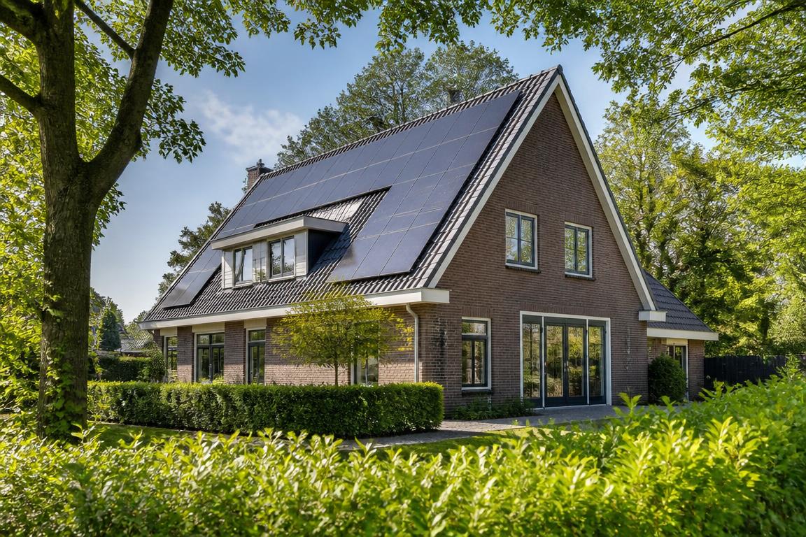 Woning met zonnepanelen op het dak, omringd door groen